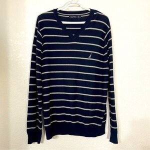 Nautica Navy & White Striped V-Neck Pullover Sweater Sz L
